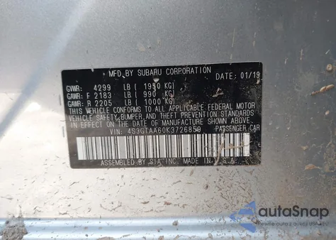 2019 Subaru Impreza 2.0I из США, поврежденный, VIN 4S3GTAA60K3726859